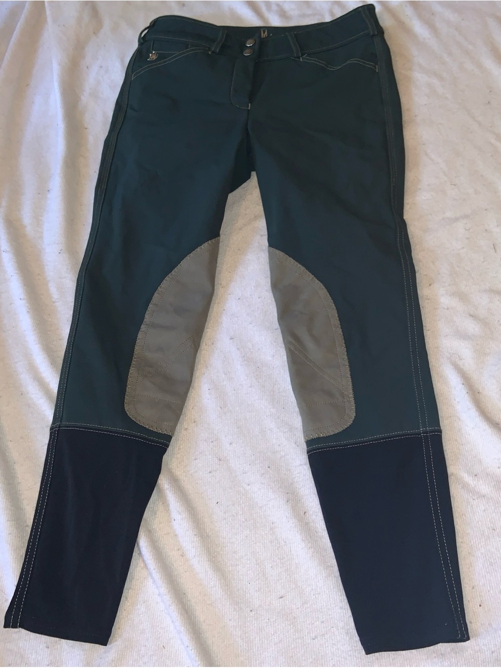Mastermind Teal Riding breeches Gray Knee Patches pockets sock bottom 24R